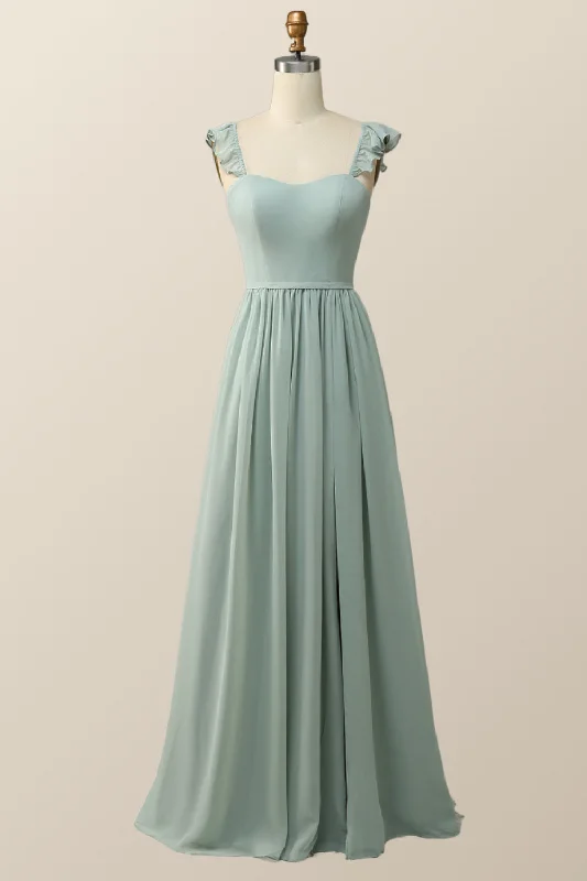 structured dressStraps Green Chiffon Long Bridesmaid Dress