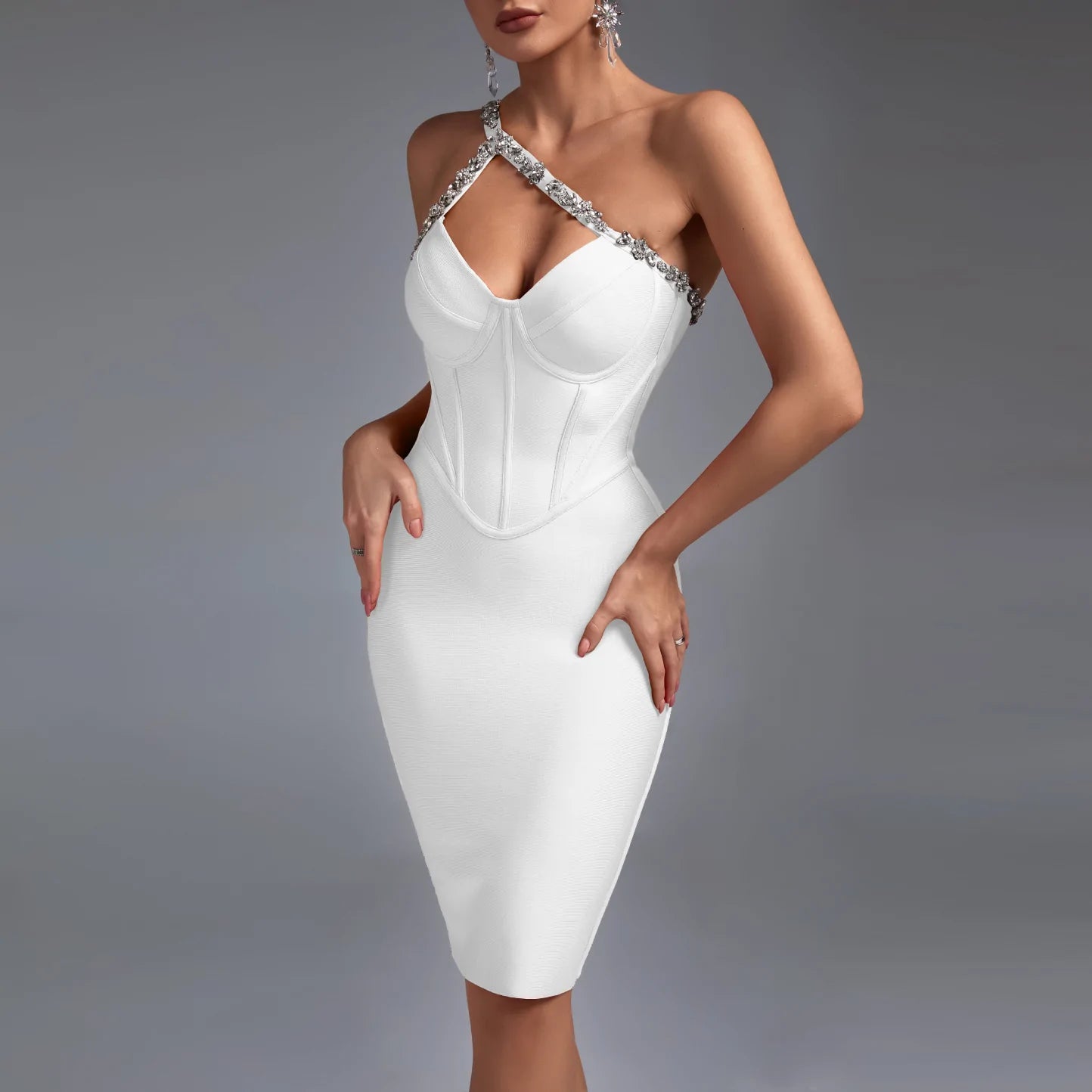 trendy mini dressWhite One Shoulder Rhinestone Mini Bandage Dress