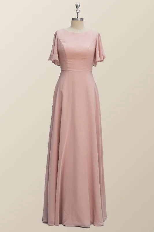 flowy evening dressScoop Blush Pink Chiffon A-line Long Bridesmaid Dress