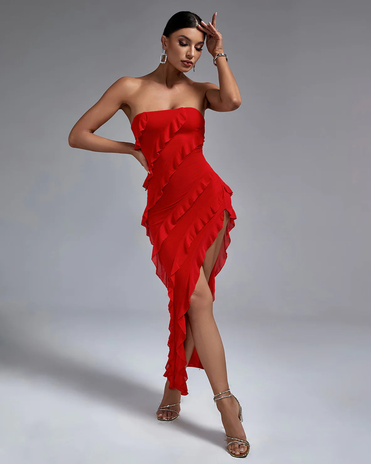 lace-up dressRed Strapless Ruffle Detail Maxi Dress