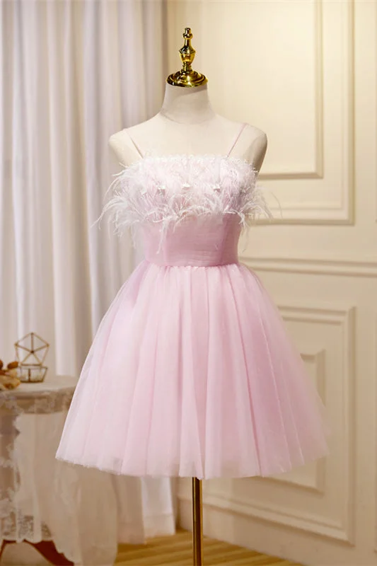 casual evening dressStraps Feather Pink Tulle Short Homecoming Dress