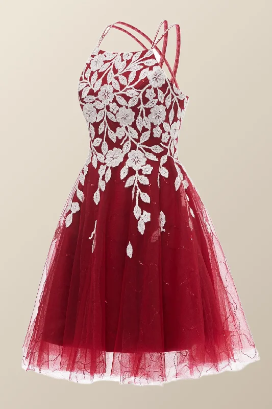 elegant evening dressWine Red Tulle and White Appliques A-line Dress