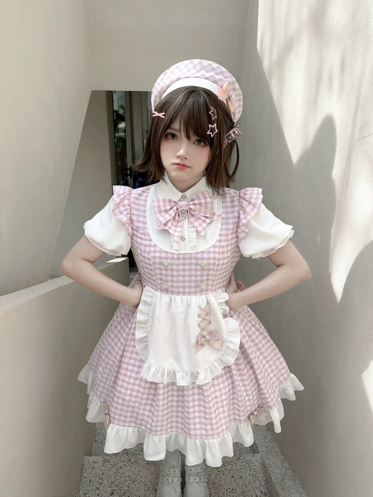 oversized dressPuppetBombs~Sweet Lolita Dress Pink Plaid Jirai Kei Dress Short Sleeve