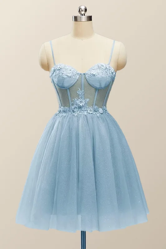 lace dressStraps Blue Corset A-line Short Prom Dress