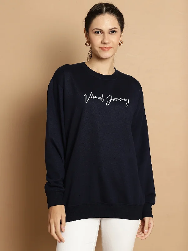 eco-friendly sports hoodieVimal Jonney Navy Blue Printed Round Neck Cotton Fleece Sweatshirt for Women