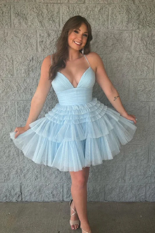 wrap-around dressLight Blue Tulle Tiered Short A-line Dress