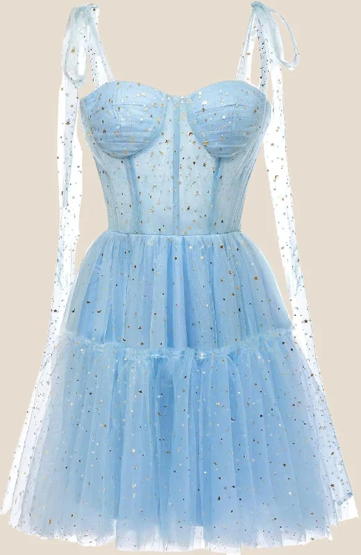 flowy dressLight Blue Sparkly Starry Tulle Homecoming Dress