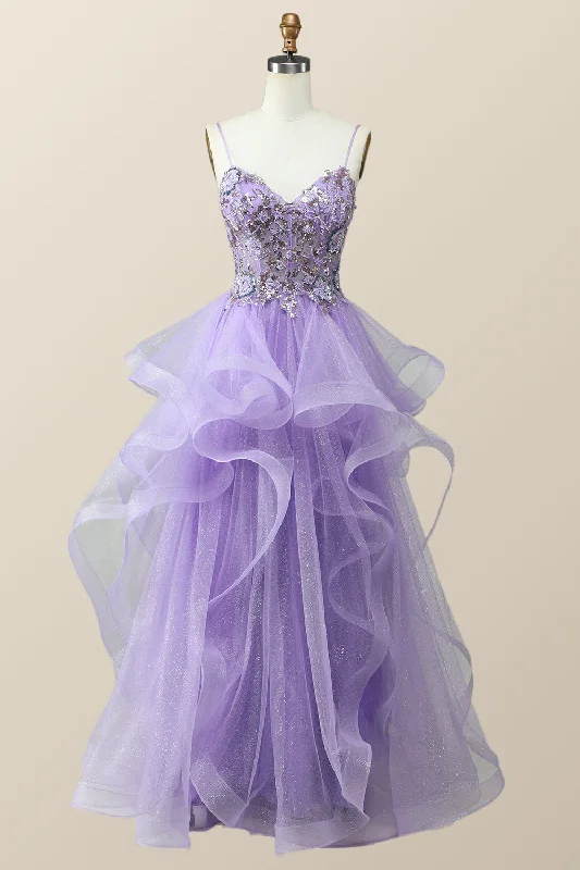 modern dressBeaded Lavender Ruffles A-line Long Prom Dress