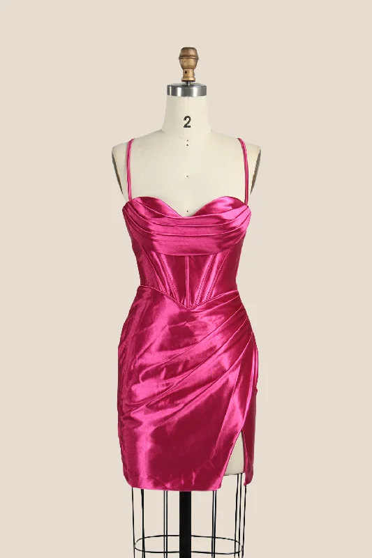 structured dressOne Shoulder Fuchsia Ruched Tight Short Dress