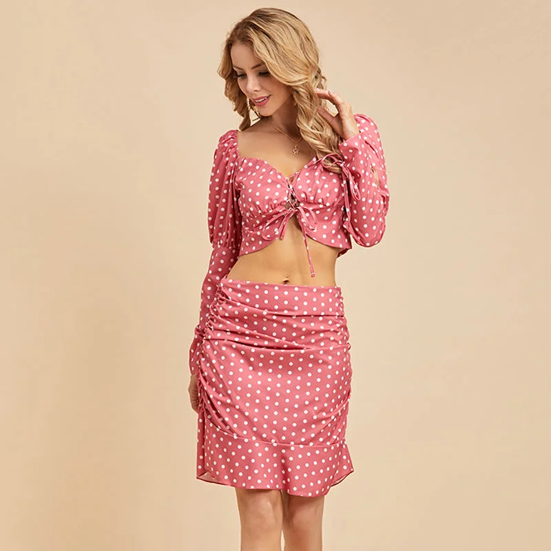 off-the-shoulder dressKittenAlarm - Women fashion Polka dot four-way stretch dress long sleeve Crop Tee & Skirt Set