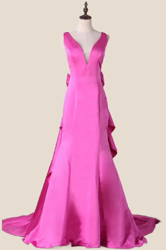 elegant dressV Neck Fuchsia Satin A-line Long Dress