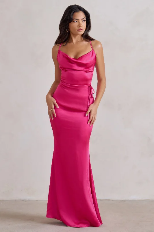 Don’t Miss Out Lifetime | Fuchsia Pink Satin Cowl Neck Maxi Dress With Cross Back Detail Don’t Miss Out Lifetime | Fuchsia Pink Satin Cowl Neck Maxi Dress With Cross Back Detail