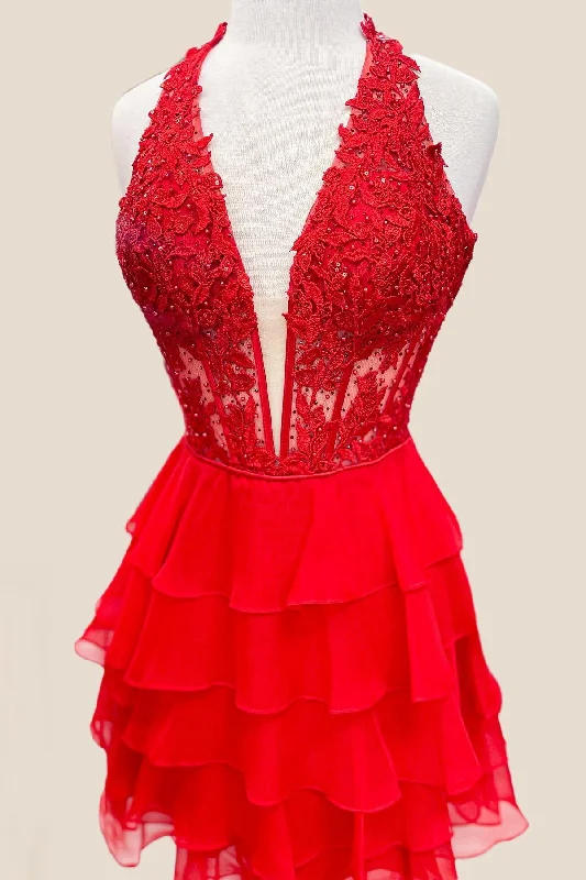 ruffle dressAppliques Red Chiffon Tiered Ruffle Short Dress