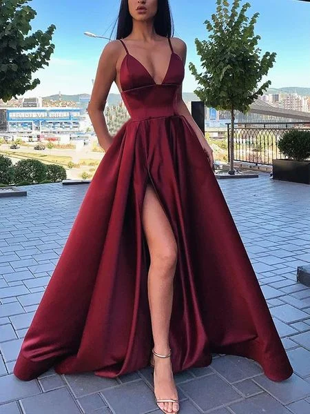 bohemian dressDifferent Colors A-line Satin Sleeveless Spaghetti Straps Slit Prom Dress  S7862