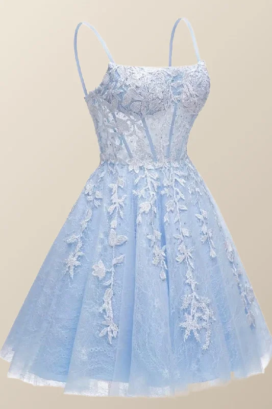 minimalistic dressStraps Sky Blue Appliques Short Homecoming Dress