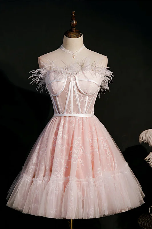 puff sleeve dressFeather Pink Lace Short A-line Homecoming Dress