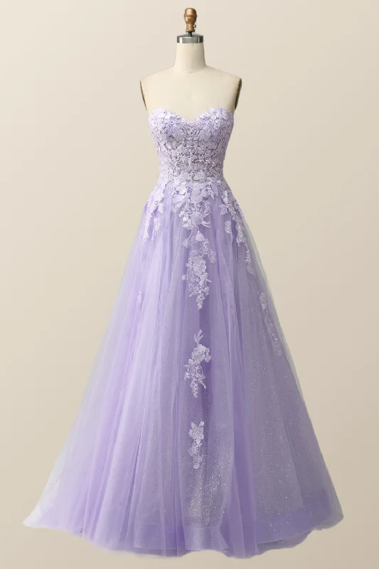 off-shoulder dressStrapless Lavender and White Floral Embroidered Formal Dress