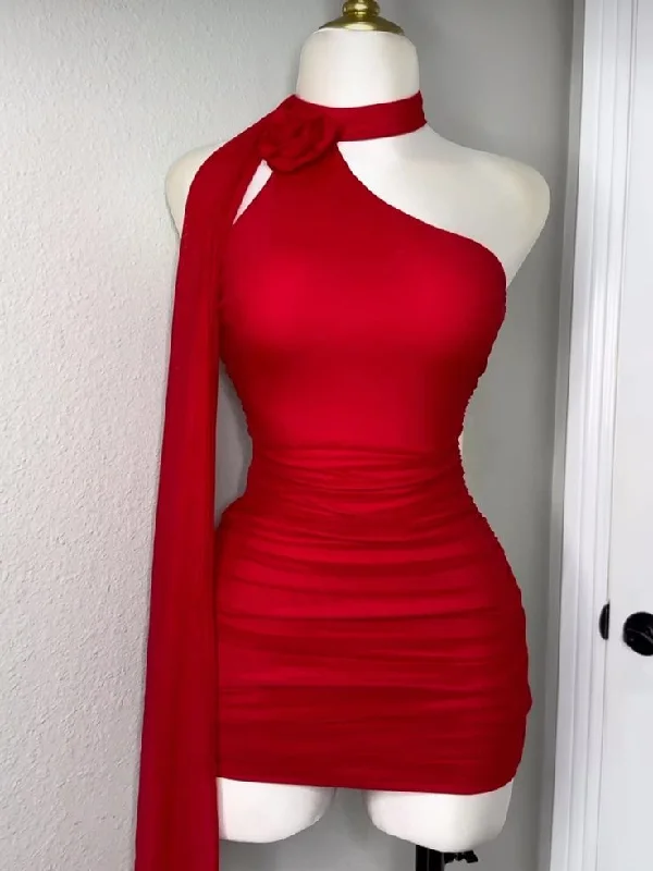 knit dressCharming Red Halter Neck Sheath Short Party Dress Homecoming Dress, DP4415