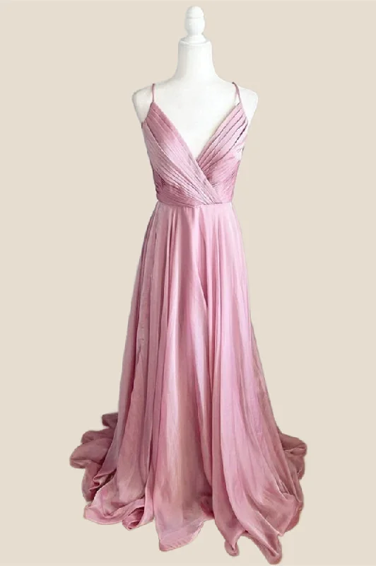 structured dressPleated Pink V Neck Satin Long Party Dress