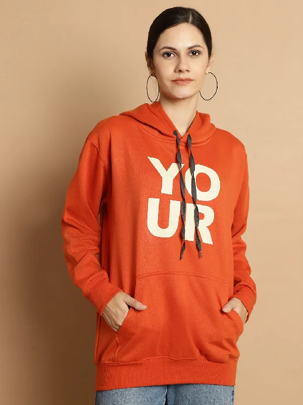 loose fit sports sweatshirtVimal Jonney Rust Printed Hooded Cotton Fleece Sweatshirt for Women