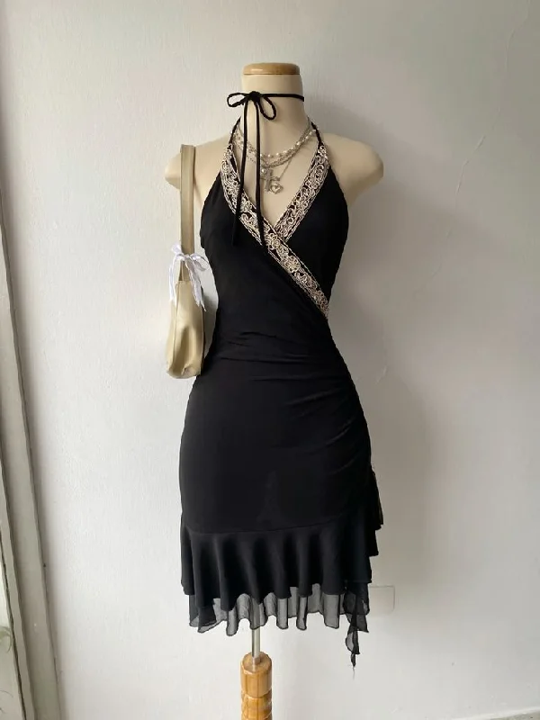 spaghetti strap dressBlack V Neck Halter Sheath Midi Length Cocktail Dress Evening Party Dress, DP4381