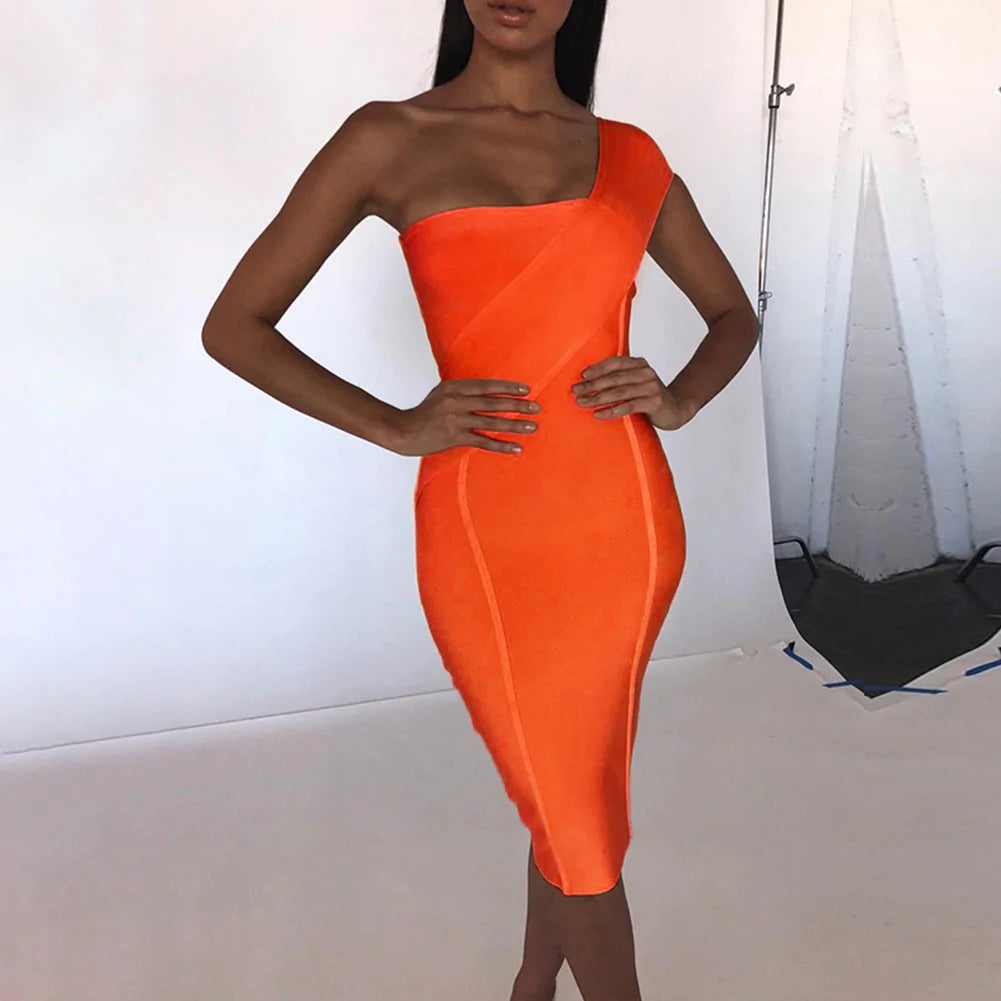 elegant shift dressOrange One Shoulder Sleeveless Bandage Dress