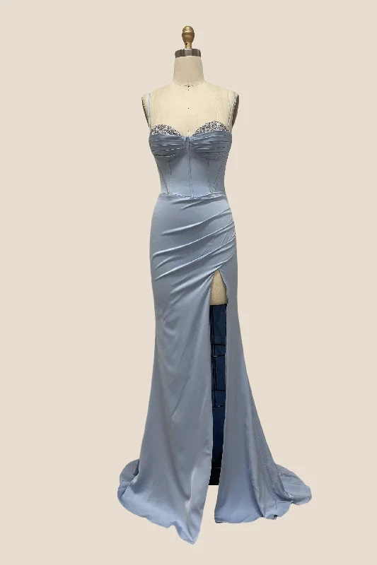 cocktail party dressSweetheart Dusty Blue Beaded Long Dress with Slit