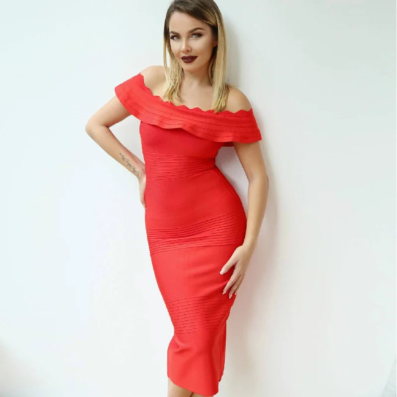 backless dressOff The Shoulder Midi Bandage Dress - Red