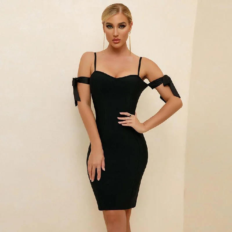 comfy dressBlack Strappy Off Shoulder Sleeve Bandage Dress