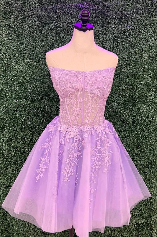 ruffle dressStrapless Lilac Lace Appliques Short Homecoming Dress