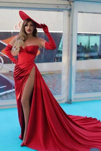 sleeveless dressGorgeous Red Sweetheart Mermaid Slit Prom Dress With Gloves Y61