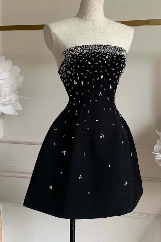 one-shoulder dressCharming Black Strapless A-Line Beading Short Homecoming Dress, DP3422