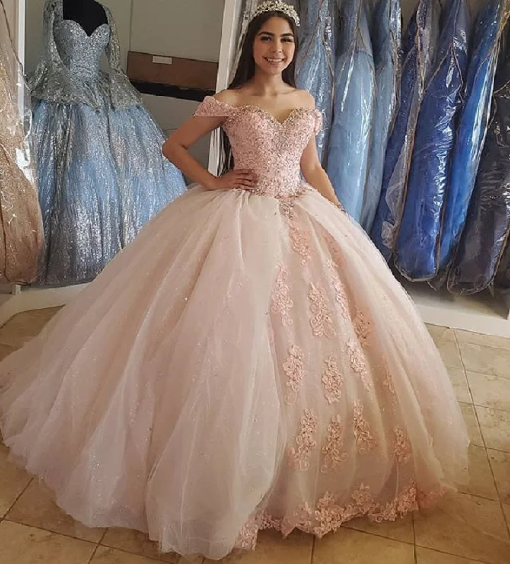 midi dressBlush Pink Puffy Sweet 16 Off Shoulder Ball Gowns Sixteen Beaded Crystal Light Pink Tulle Quinceanera Dress Princess Prom Dresses S27021