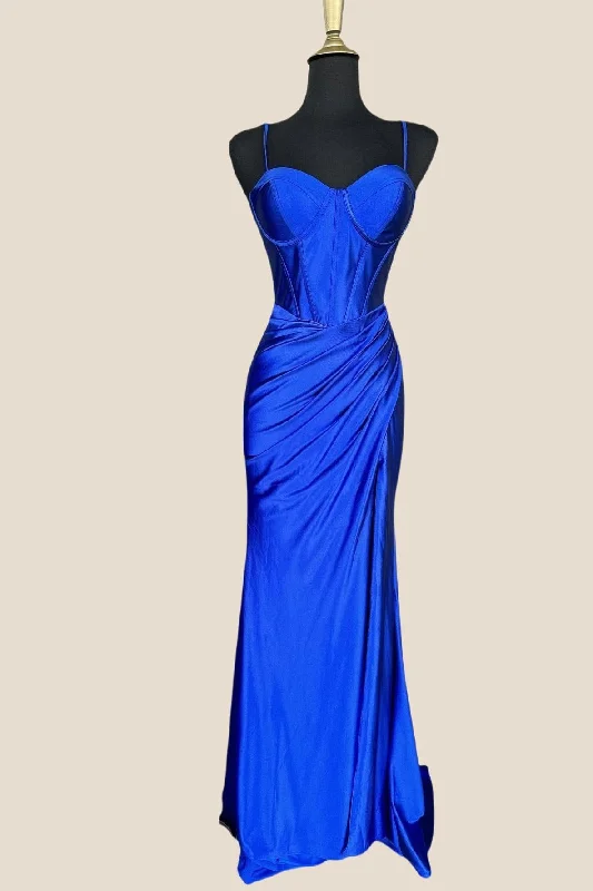 stylish party dressRoyal Blue Corset Mermaid Long Formal Dress with Slit