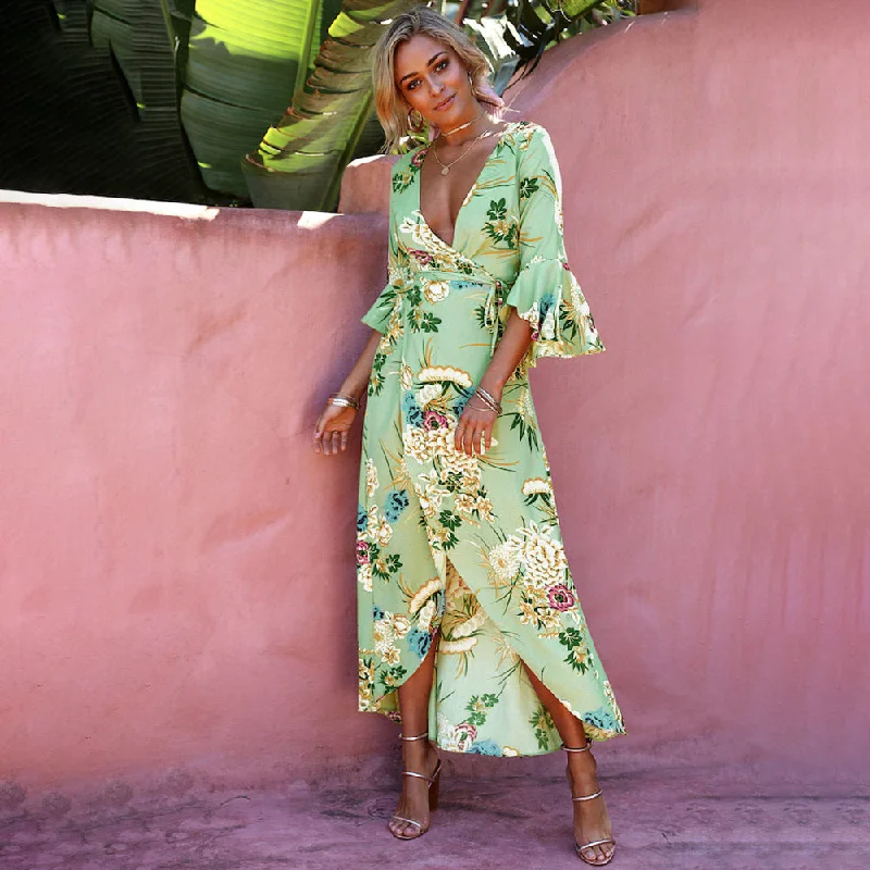 puff sleeve dressIsraella Floral Wrap Maxi Dress - Sage - FINAL SALE