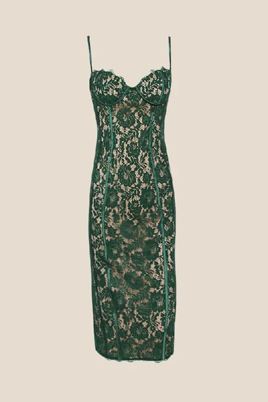 trendy mini dressStraps Green Lace Sheath Midi Dress with Slit