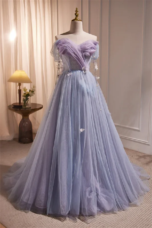 minimalistic dressOff the Shoulder Lilac Tulle Formal Dress with Butterflies