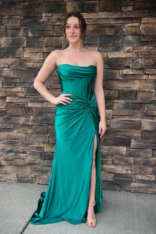 office dressGreen Ruched Strapless Mermaid Long Prom Dress