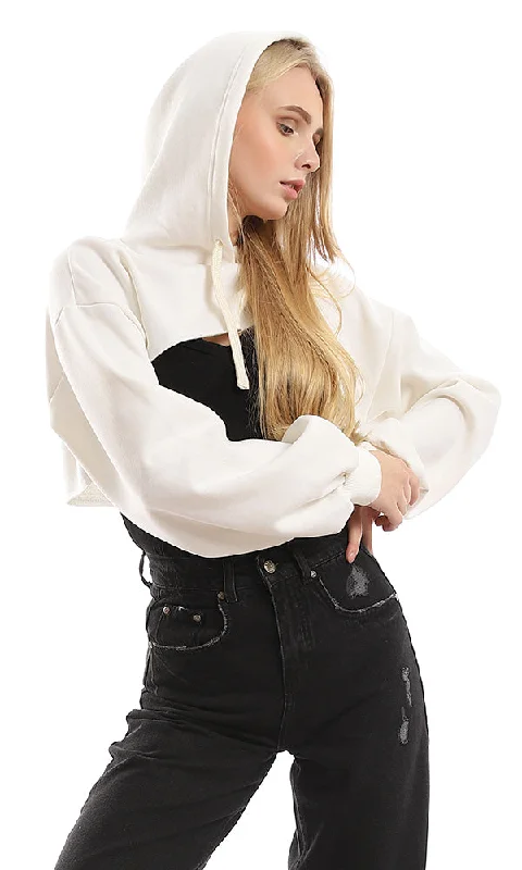 performance workout sweatshirt96901 Ribbed Elastic Cuffs Fleece Off White Cropped Hoodie