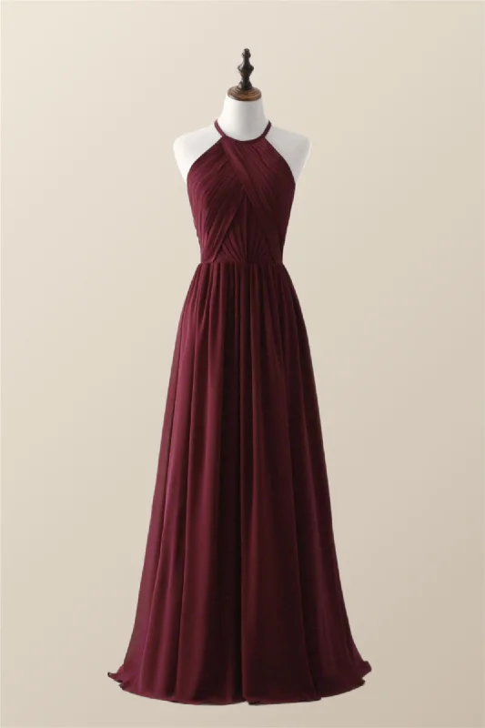 romantic dressHalter Burgundy Pleated Long Bridesmaid Dress