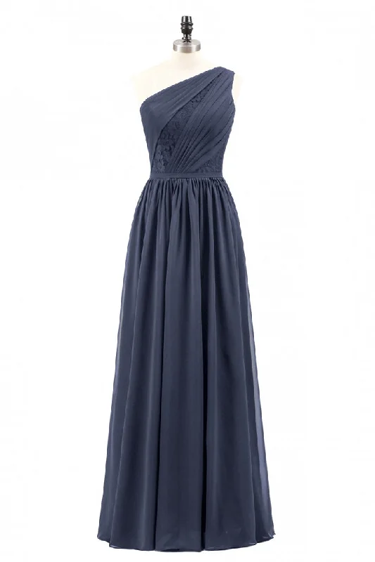 flowy maxi dressNavy Blue One Shoulder A-line Chiffon Long Bridesmaid Dress