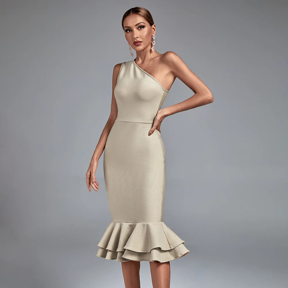 cocktail dressNude One Shoulder Fishtail Midi Bandage Dress