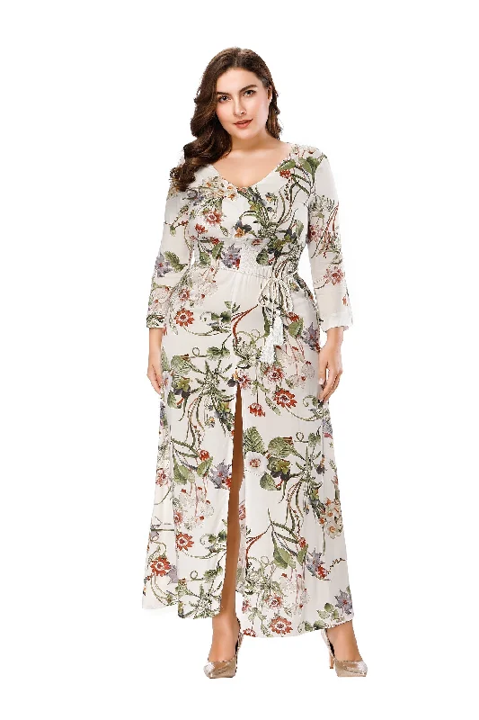 high-waisted dressKittenAlarm - Bohemia V-neck Three-quarter Sleeve Long Dress