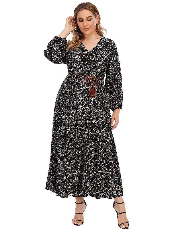 midi dressKittenAlarm - Plus Size Paisley Print Ruffled Hem Maxi Dress with Waist Belt