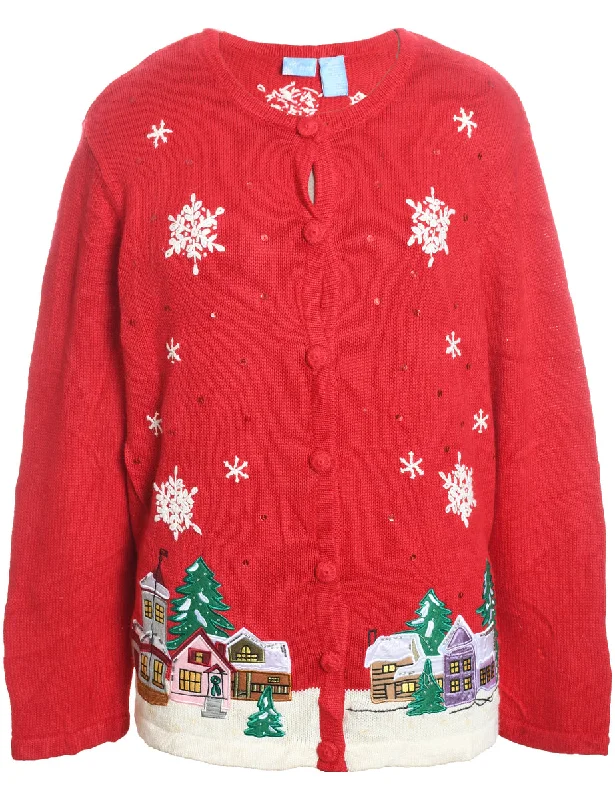 chic outerwearWinter Scene Design Knit Red Christmas Cardigan - M