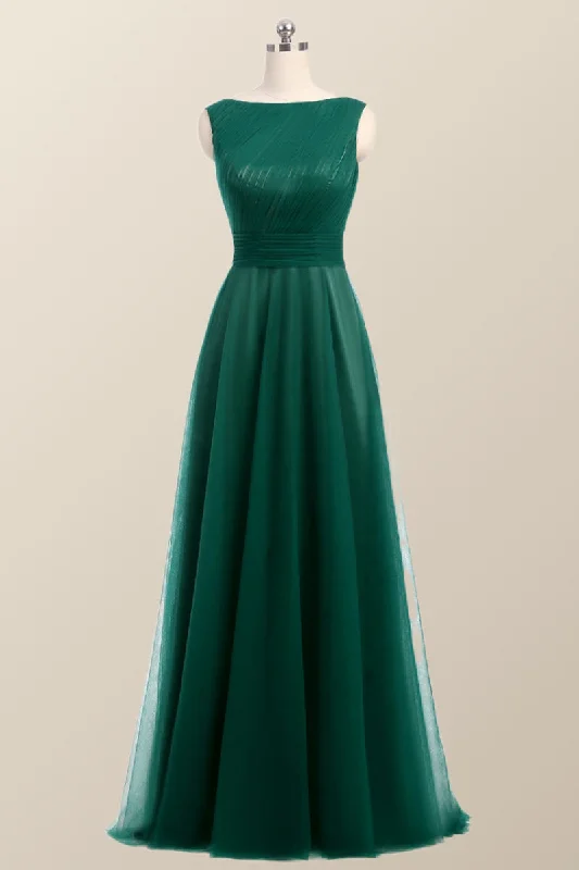 pleated dressBateau Green Tulle Long Bridesmaid Dress