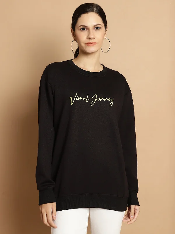 soft athletic sweatshirtVimal Jonney Black Printed Round Neck Cotton Fleece Sweatshirt for Women