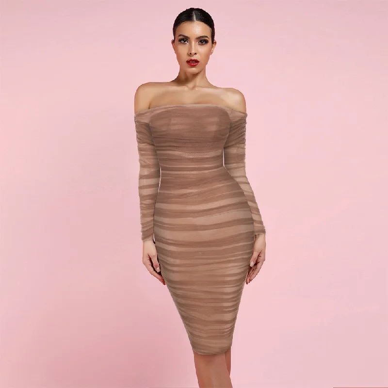 satin dressBrown Off Shoulder Long Sleeve Mesh Bodycon Dress