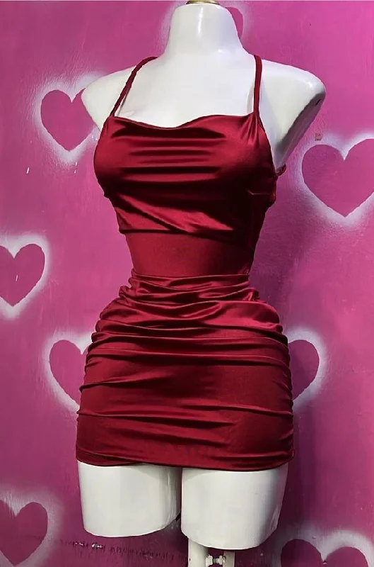 party-ready dressWine Red Straps Sheath Satin Short Party Dress Homecoming Dress, DP4098