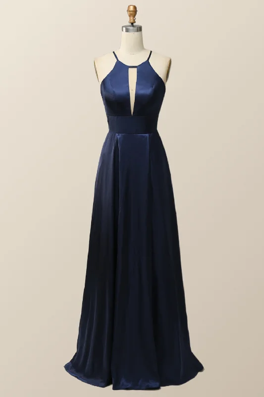 mini dressScoop Navy Blue Halter Long Dress with Keyhole